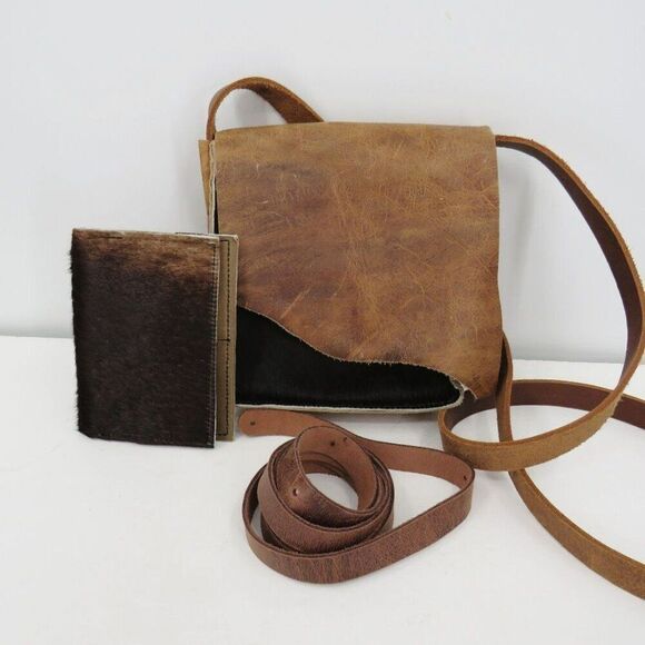 Bimini Bags Boho Brown Cowhide Leather Fur Flap Over Crossbody Wallet Set - Picture 1 of 12